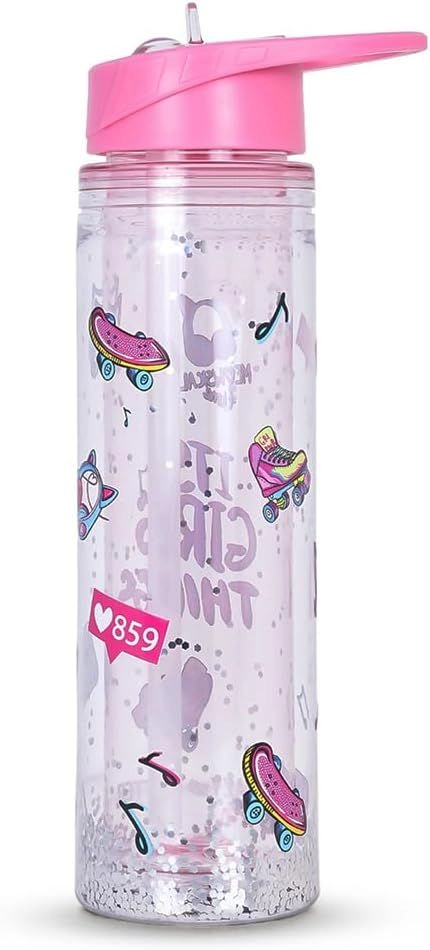 Bento Lunch Box - Glitter Pink + Water Bottle - 550 ml + Spoon + Fork + Cutlery Bag