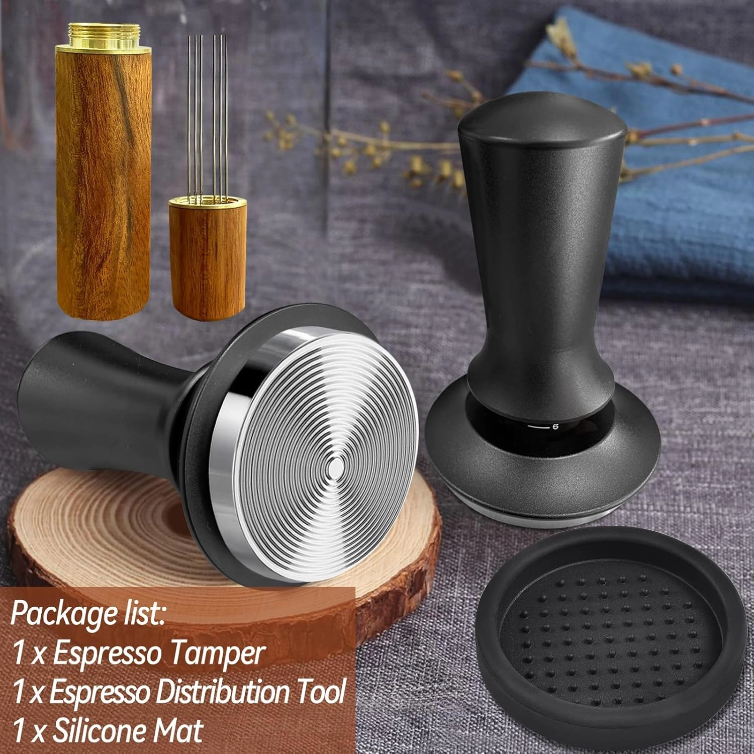 Espresso Tamper 51mm - Calibrated Spring Loaded 304 Stainless Steel Base + Silicone Tamper Mat + WDT Coffee Distribution Tool - 6 pins