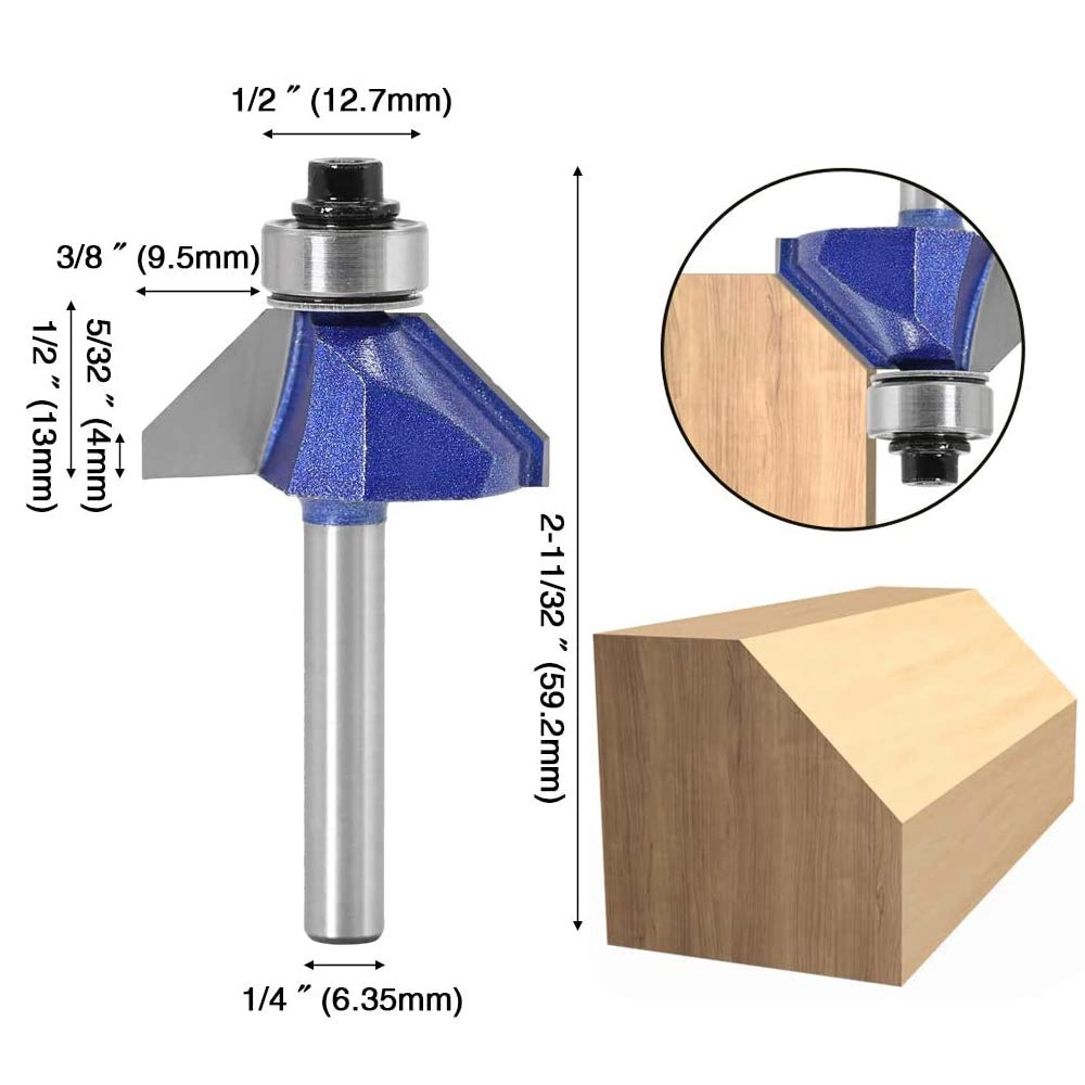 45 Degree Chamfer Router Bit Set - 1/4 Inch 4Pcs