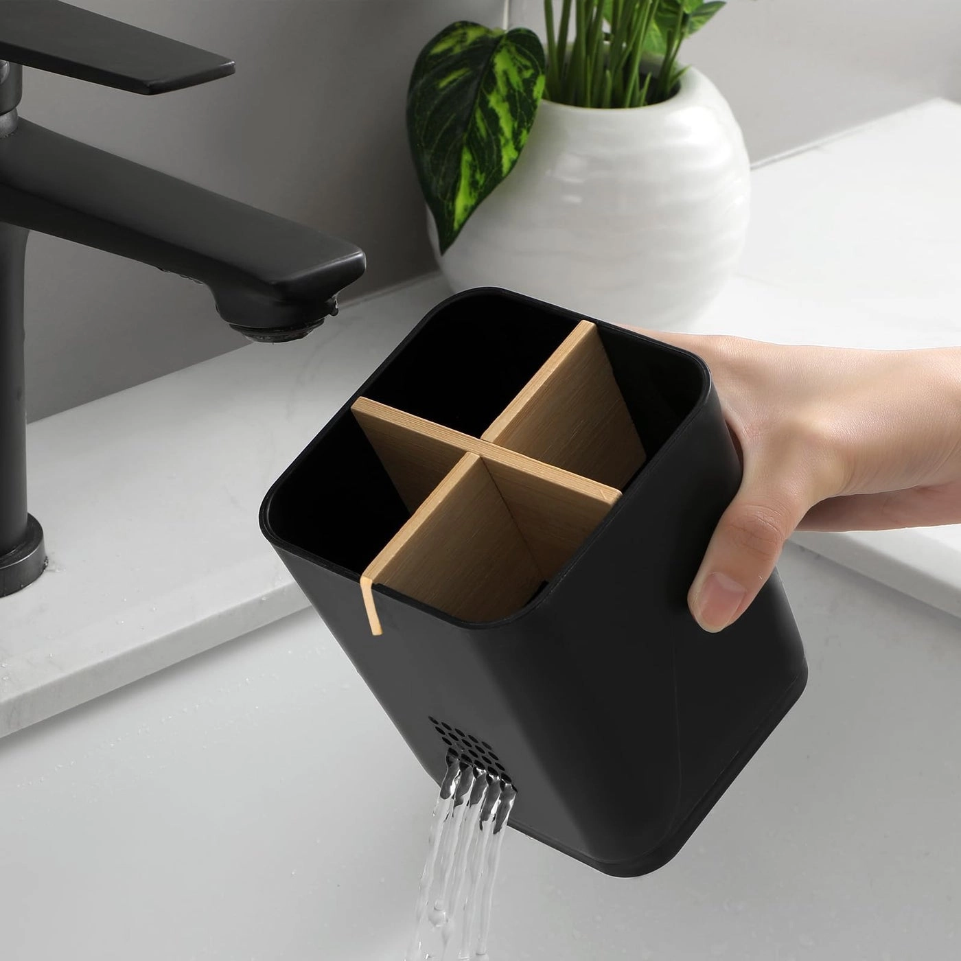 Bamboo Toothbrush Holder - 4 Slots White