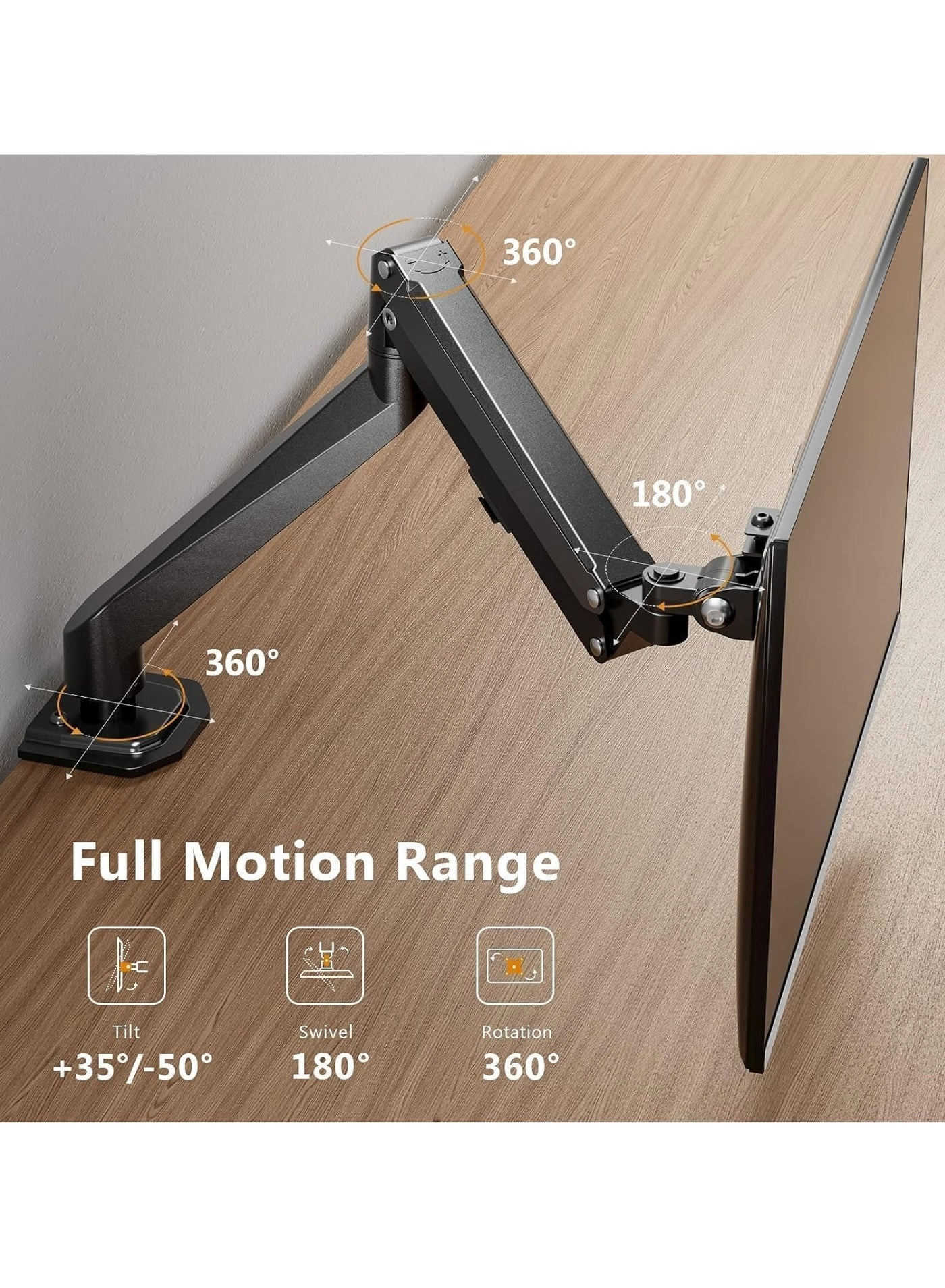 Single Monitor Mount - Gas Spring Full Motion 17-27 Inch