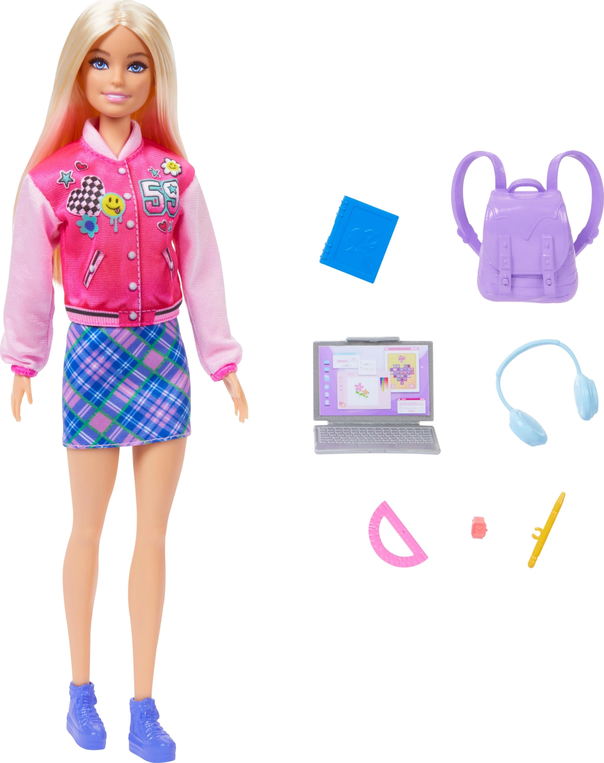 Barbie Back to School Doll - 7 accessories pink varsity jacket Ages 3+