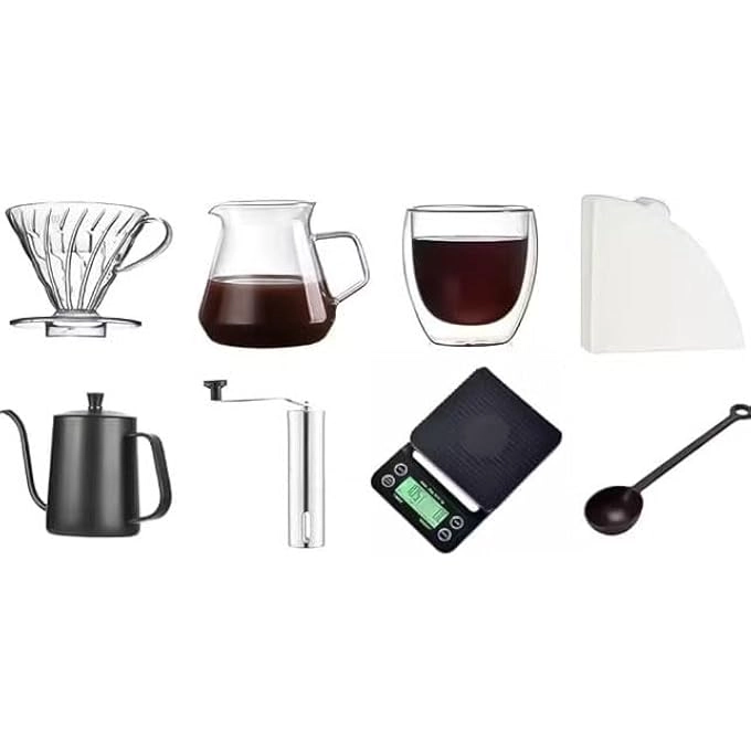 Coffee Maker + Eva Bag + Electronic Scale + Manual Grinder + Kettle + Server + Dripper + Mug + Thermometer
