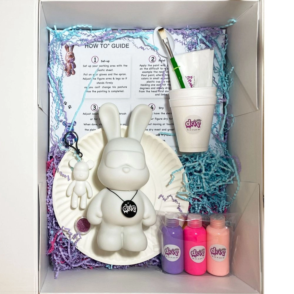 DIY Bunny Fluid Acrylic Pouring Paint Kit - 5 acrylic paints 2 oz/60 ml each; apron; clear cups; plate; gloves; paintbrush; pipette; spoon; table sheet