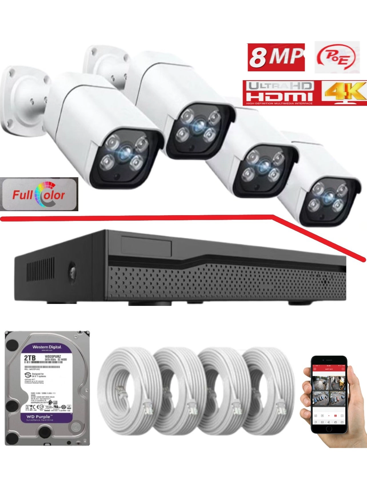 Napco 8MP IP Camera - 4K + 4 Channel NVR - PoE + 1TB Survillance Hard Disk + Mouse + 20 Meters cat6 cables