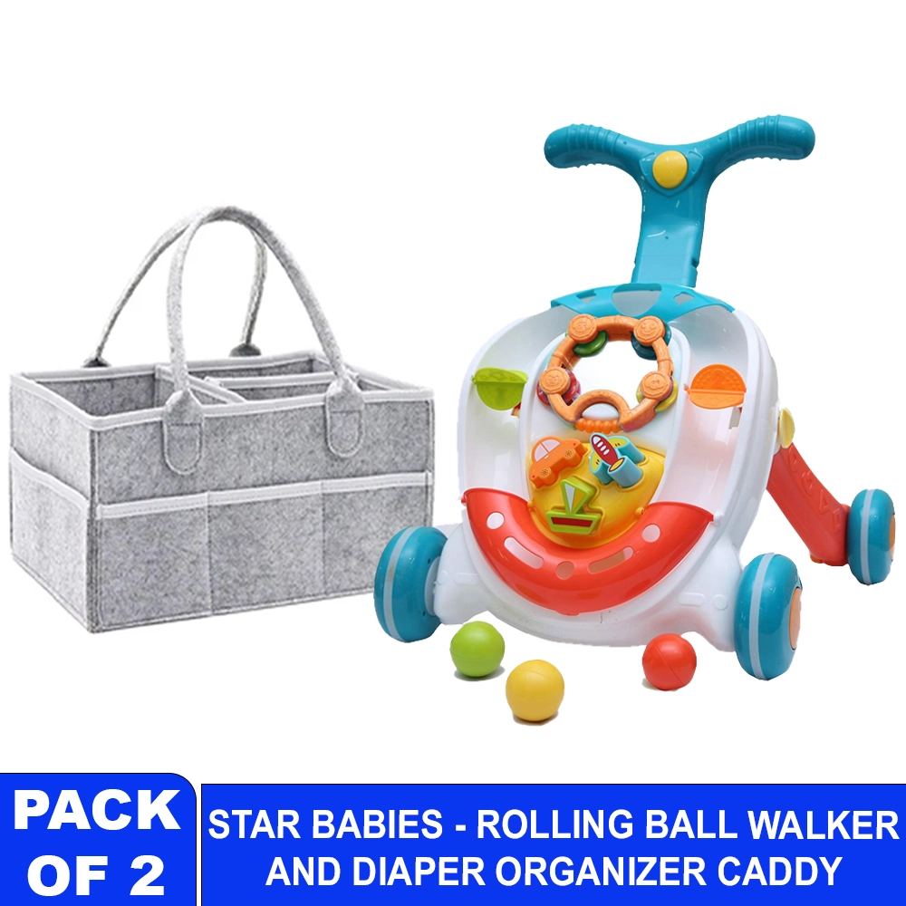 Baby Rolling Ball Walker With Caddy Diaper Organizer - Multicolor