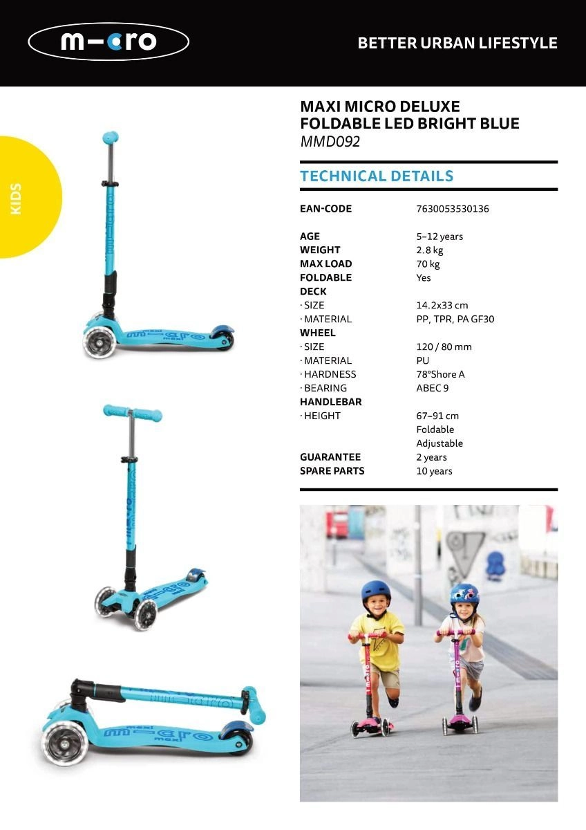 Maxi Deluxe 3-Wheel Kick Scooter – 120/80 mm LED Foldable