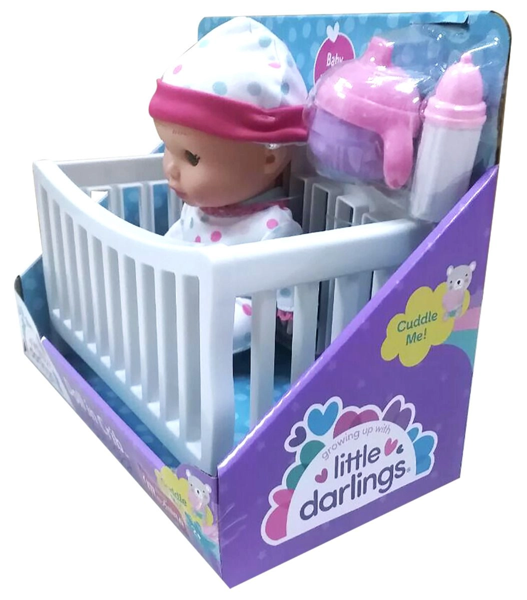 Little Darlings Doll - 8" fully poseable + Crib + blanket + milk bottle + sippy cup Ages 2+