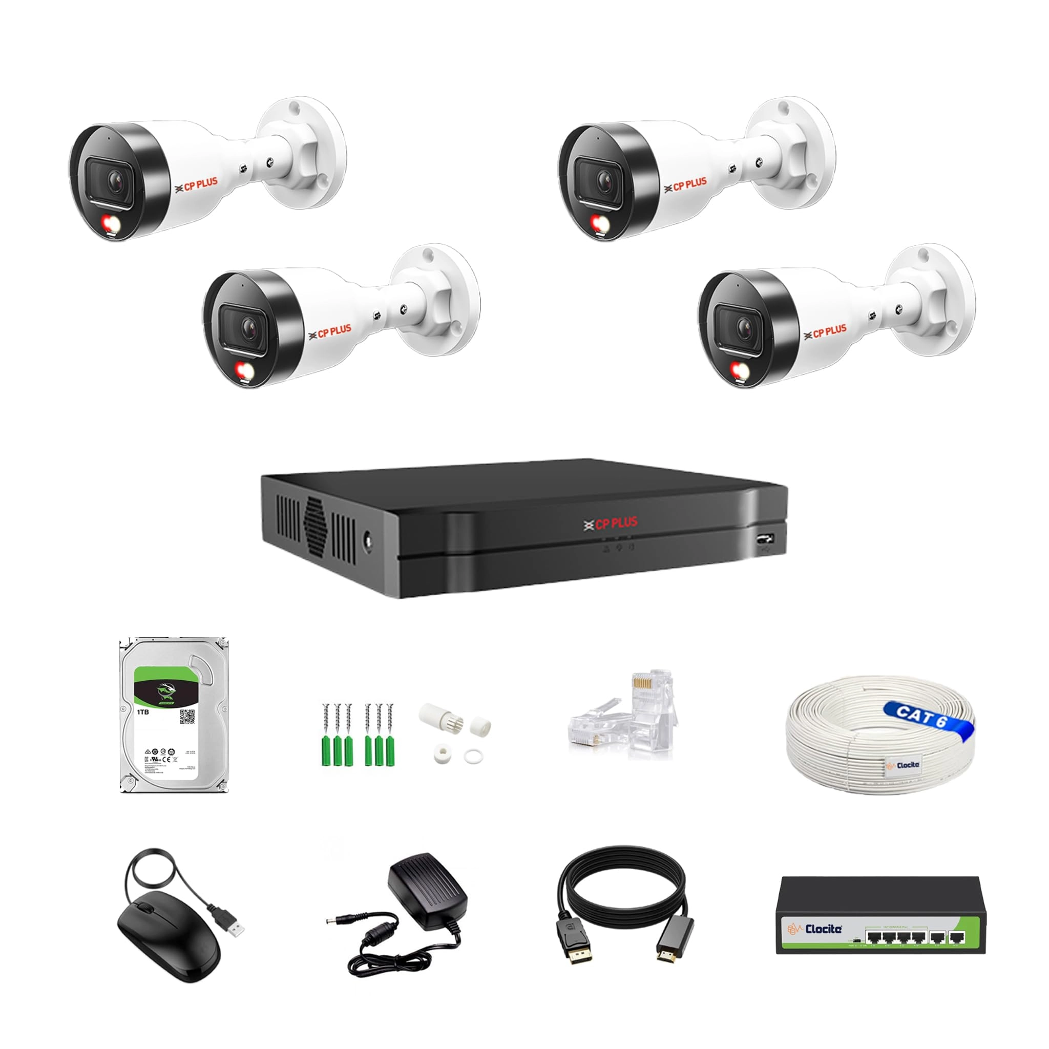 Aditya Infotech Ltd illumax 4 CH AI NVR + Bullet IP Camera + Hard Disk + POE Switch + CAT 6 Cable - 4 CH