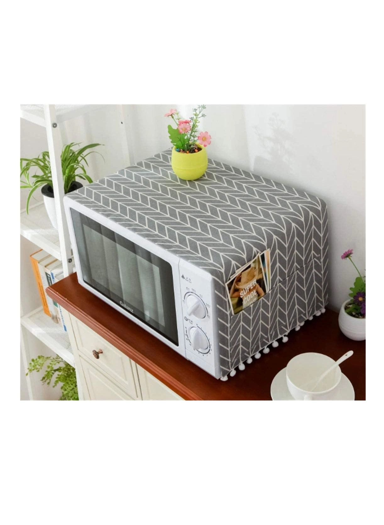 Microwave Oven Cover - Dustproof Protector with Side 4 Storage Organizer Bags 11.8x35.4" (Gray Triangle)