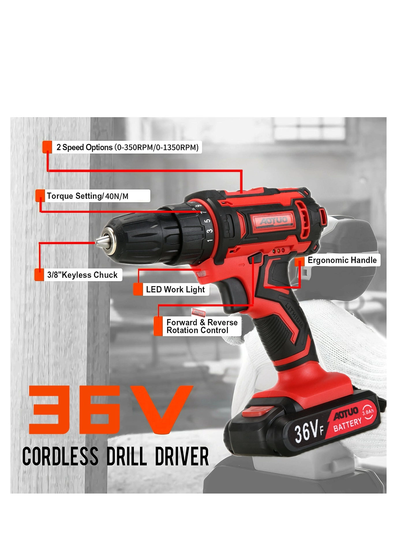 36V Cordless Drill - 2x 3Ah