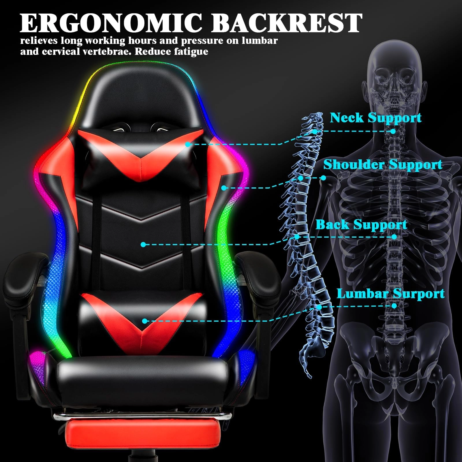 Gaming Chair - RGB LED Lumbar Massager Footrest