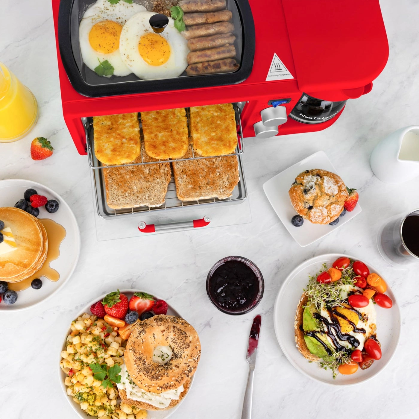 3-in-1 Retro Breakfast Station - 5 Cups Non-Stick Ceramic Griddle 4-Slice Toaster Oven