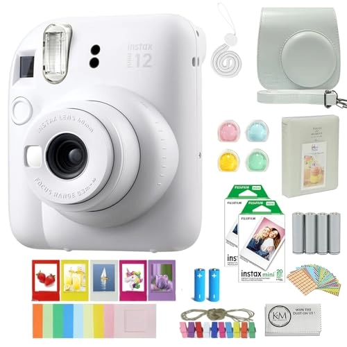 INSTAX MINI 12 - Clay White + INSTAX Mini Instant Film - 20 Exposures + Camera Case w/ Carrying Strap + PhotoBook Album + Color Lens Set (4 Colors) + Creative Frame Set (5pcs) + Wall Decor Hanging Frame (10pcs) + Sticker Borders (20pcs) + AA Longlife Batteries - 4 Pack + Microfiber Cleaning Cloth