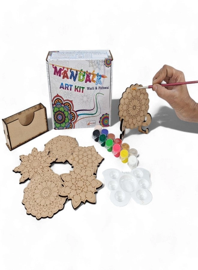 Mandalas Paint Kit D - Set of 6 Bases (4 Inch) with Case, Colours, Painting Brush & Dish