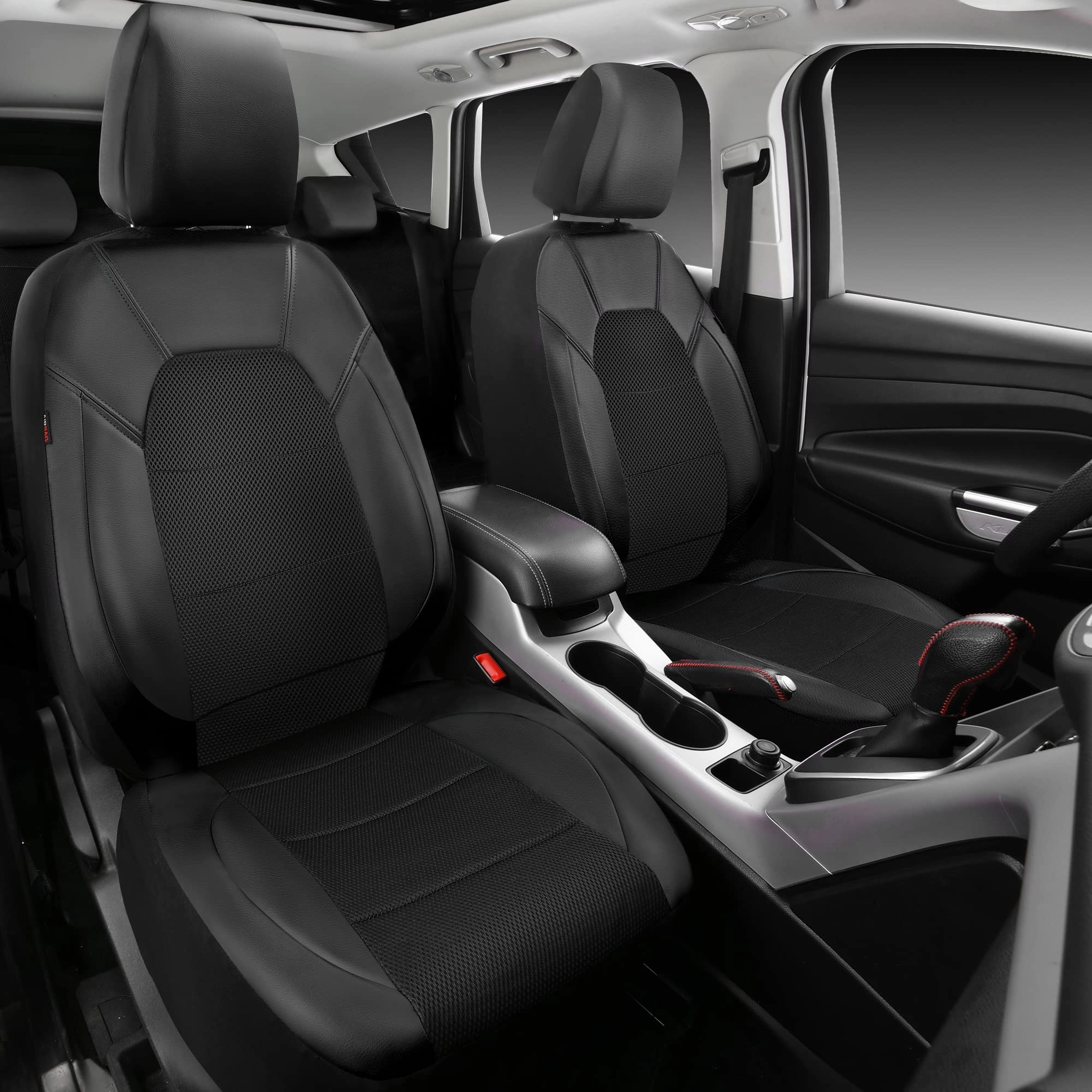Car Seat Covers - Air Mesh Leather + Car Floor Mats - Waterproof + Steering Wheel Cover - Sporty
