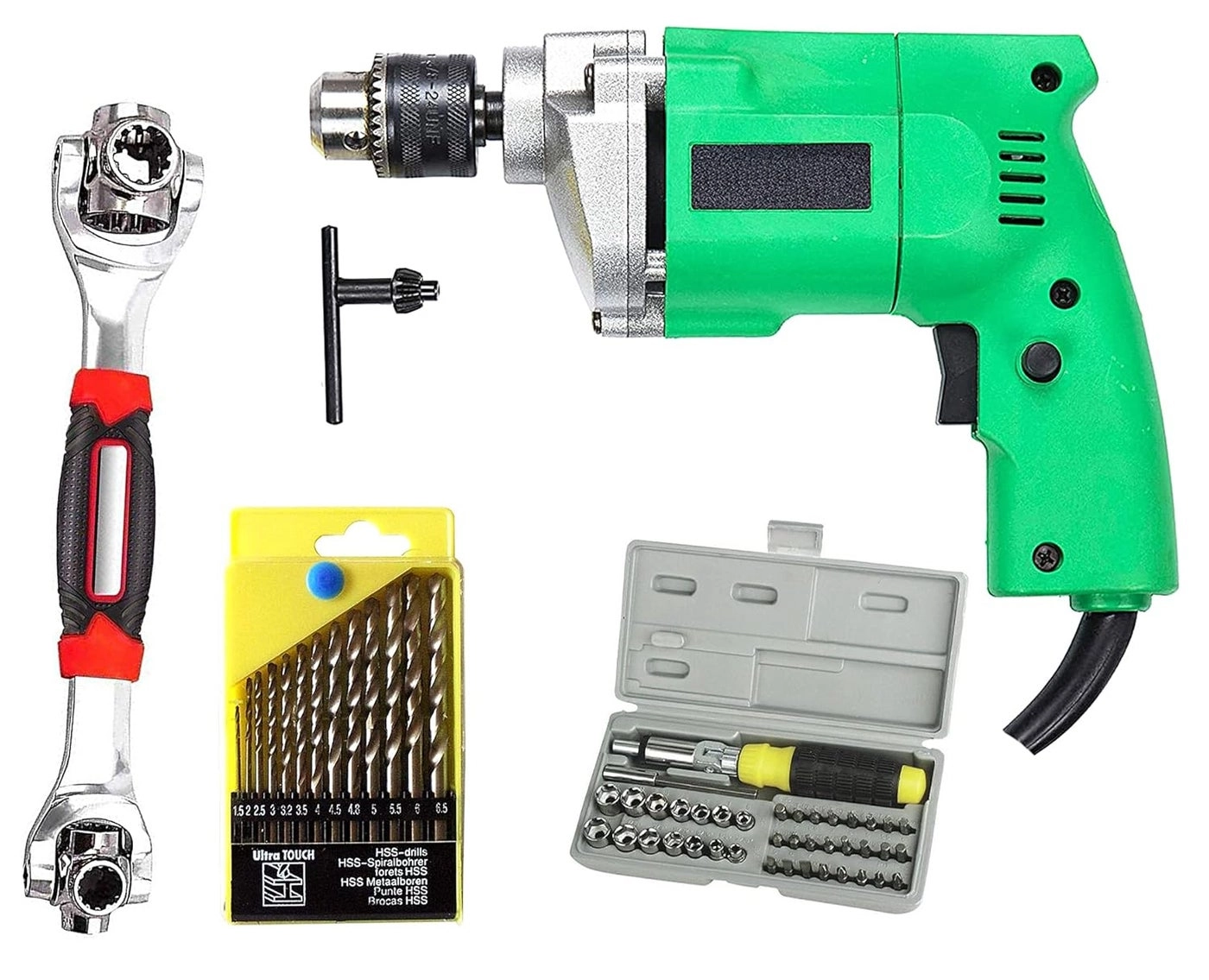 Electric Drill Machine - 10mm + Drill Bit Set - 13Pcs + 48in1 Wrench Spanner + Speed Out - 4 piece screw extractor set