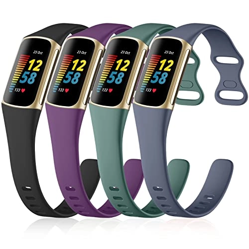 Soft Silicone Slim Watch Band for Fitbit Charge 5/Charge 6 - Black/Slate/Navy Blue/Pine Green