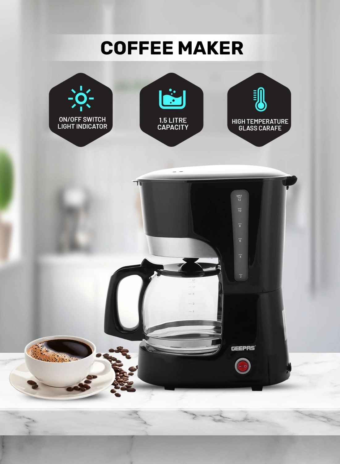 GEEPAS Filter Coffee Maker 1.5L Keep Warm Anti-Drip GCM6103