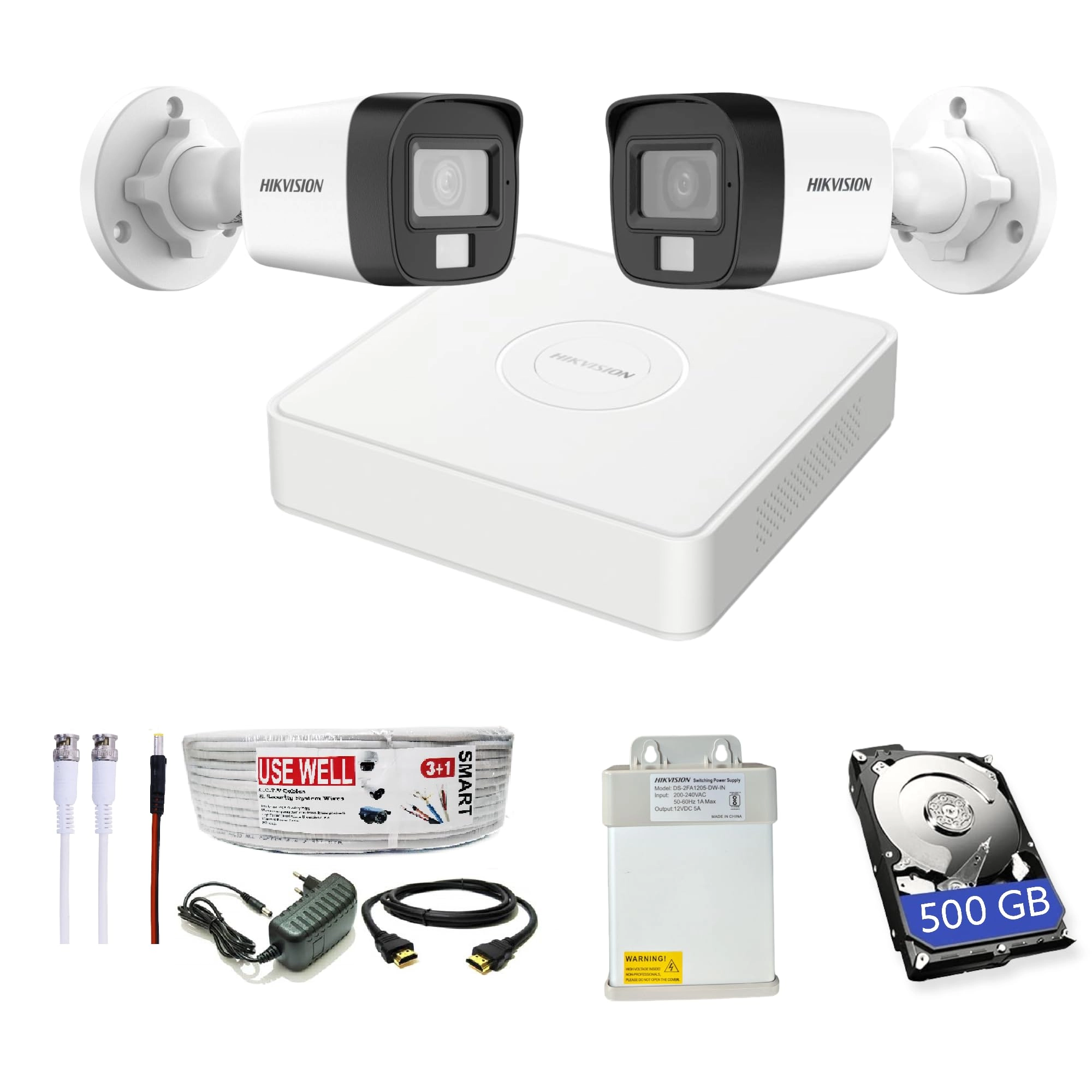 Hikvision 4 Channel DVR + 2 MP Outdoor Camera + Hard Drive - 500 GB + 4 Channel SMPS + Cable BNC/DC Set