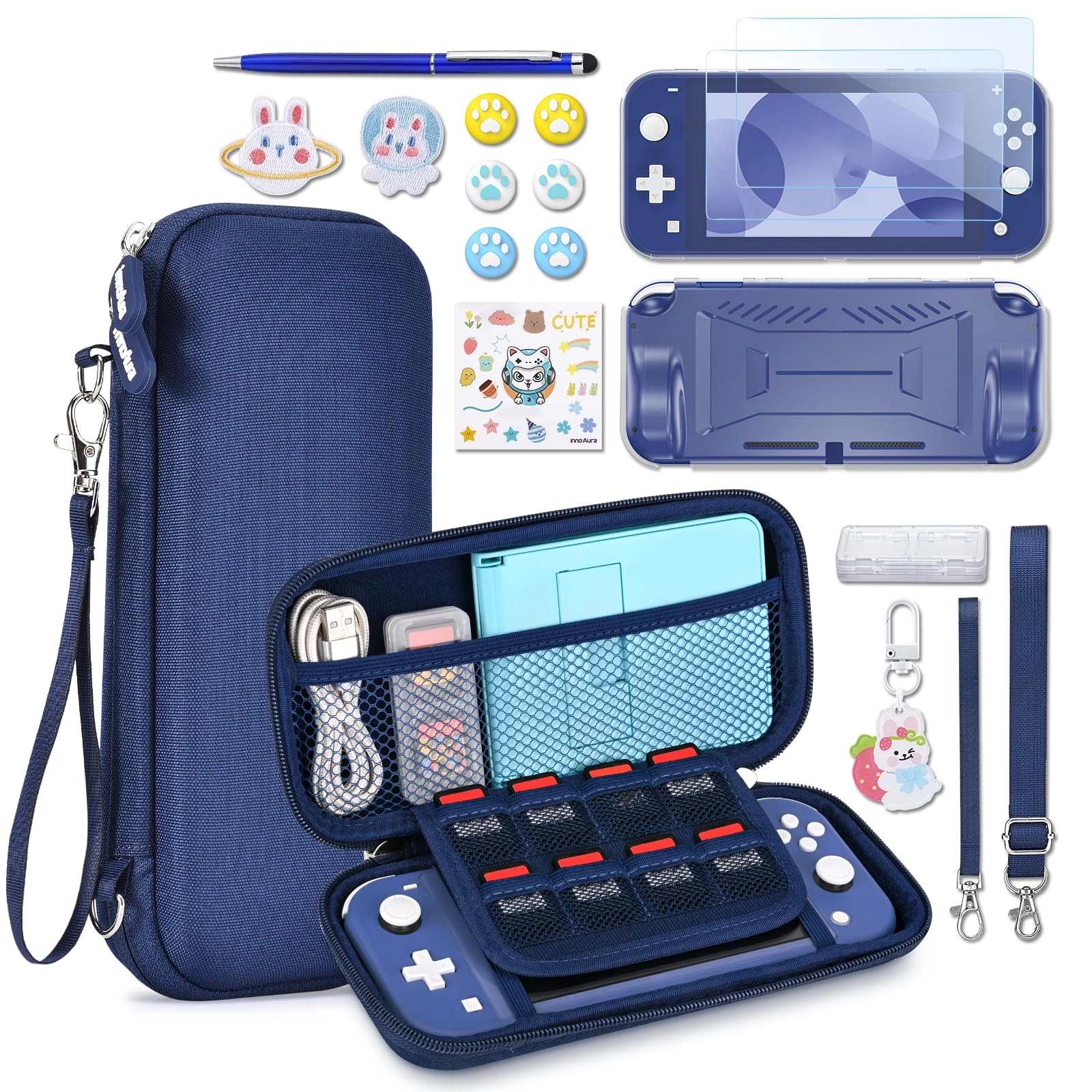 Switch Lite Carrying Case - Turquoise + Switch Game Case + Switch Lite Screen Protector + Switch Stand + Switch Thumb Grips