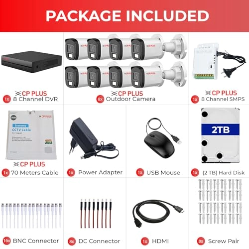 DVR - 8 channels + Outdoor Camera - 2.4 MP + Power Supply + CCTV Cable - 70 Meters + Hard Drive - 2 TB + BNC & DC Connectors + HDMI Cable