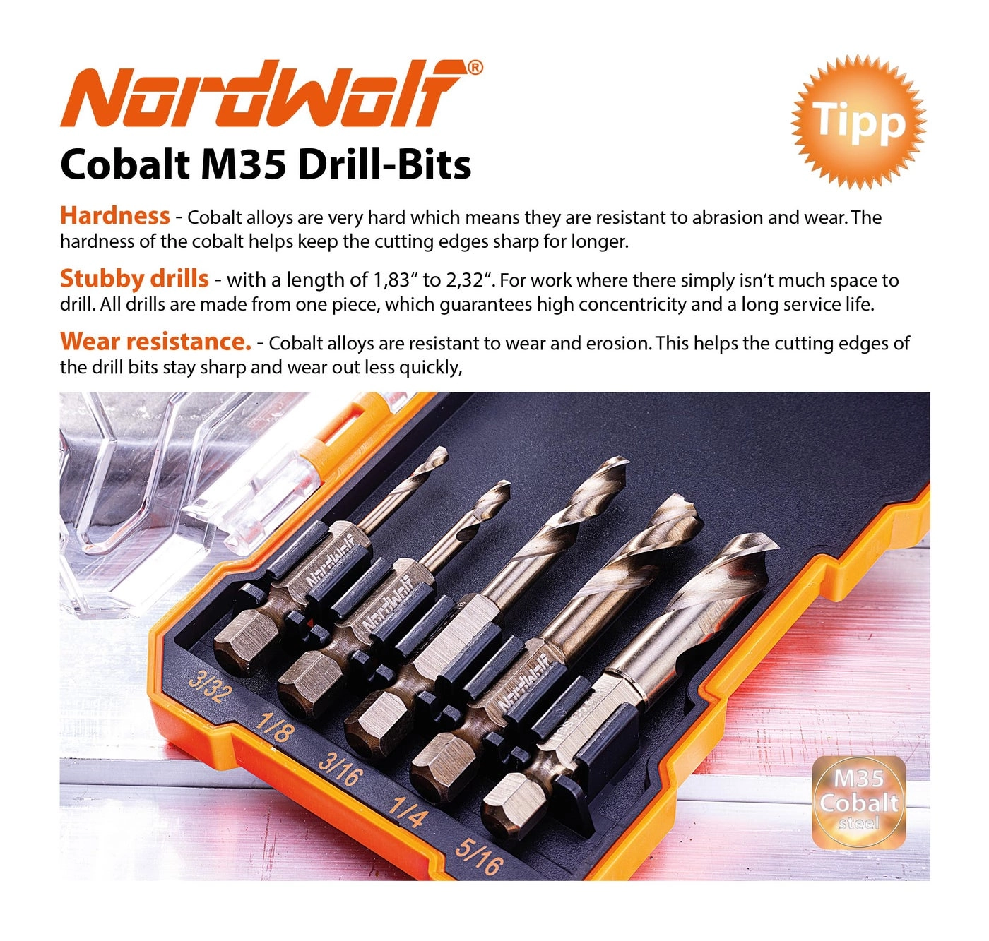 M35 Cobalt Stubby Drill Bit Set - 5-Piece 3/32"-1/8"-3/16"-1/4"-5/16"
