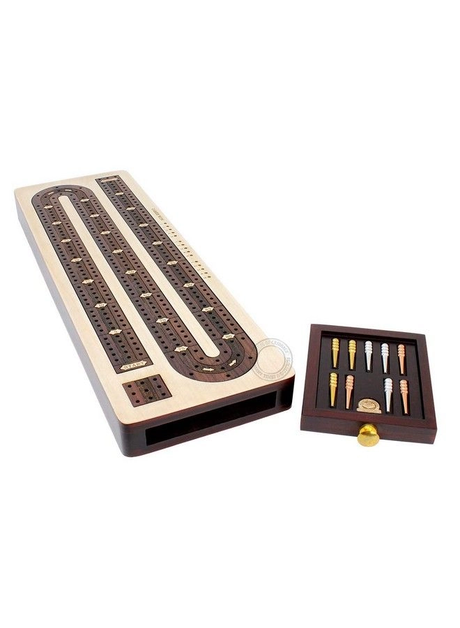 House of Cribbage 3 Track Continuous Cribbage Board - Inlaid In Rosewood Maple Wood Storage Drawer For Cribbage Pegs
