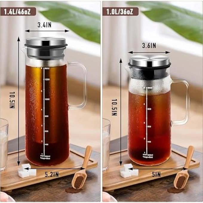 Cold Brew Pitcher - Glass Stainless Steel Filter Airtight