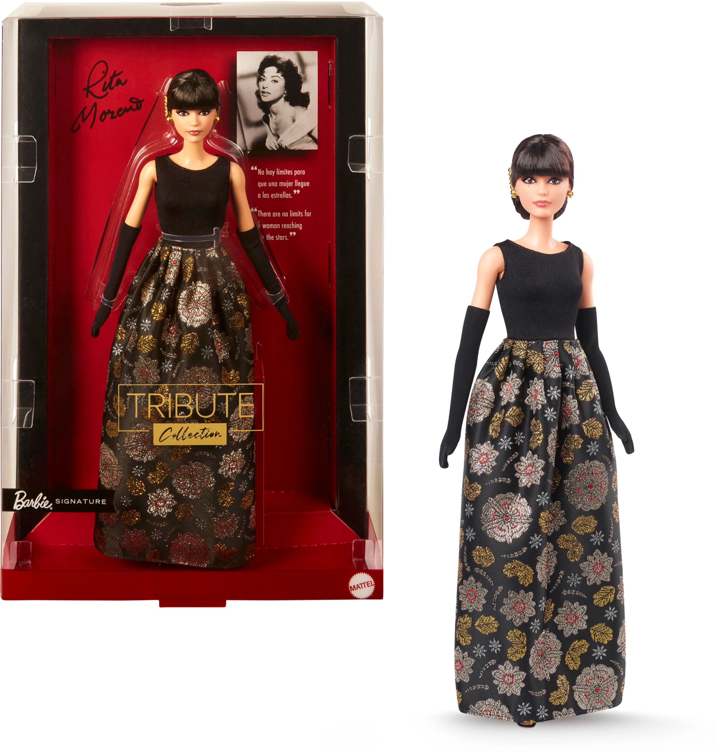 Barbie Rita Moreno Collectible Doll - Tribute Collection Black & Gold Gown Doll Stand