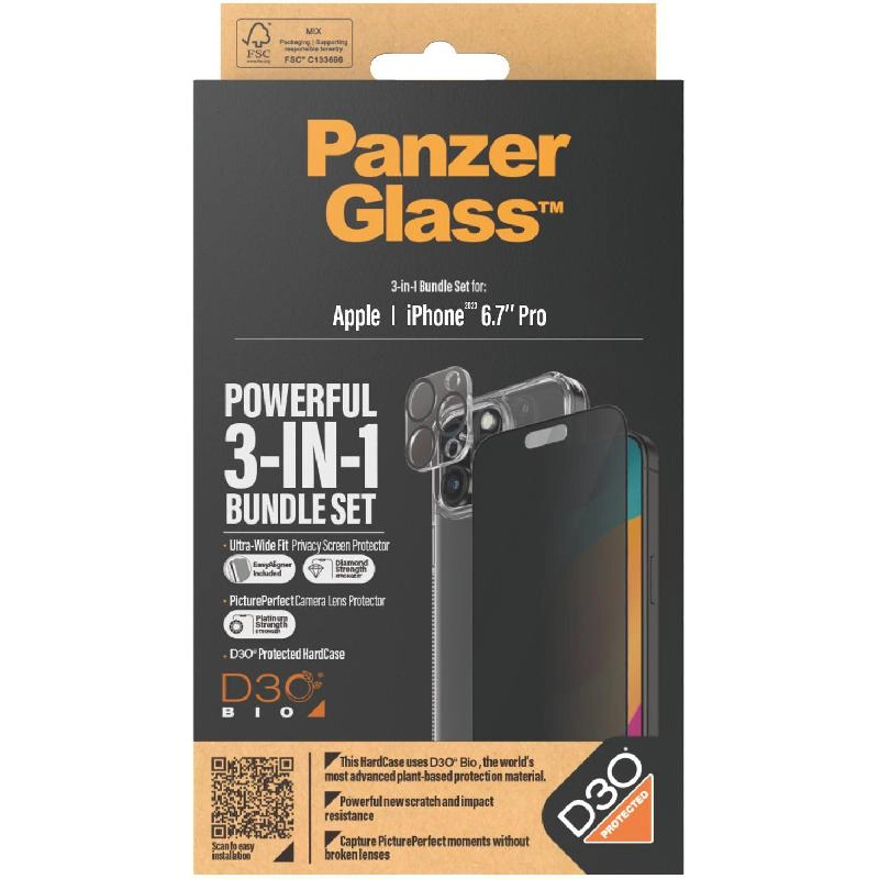 PanzerGlass ClearCase - Glass TPU D3O + UWF Screen Protector + Camera Lens Protector for iPhone 15 Pro Max 2023 6.7"