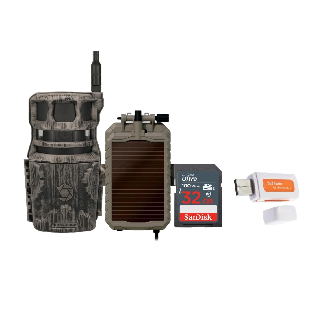 Stealth Cam Revolver - 36MP + Lithium Solar Power Panel + Ultra SDHC UHS-I Memory Card - 32GB + SD Card Reader and Writer
