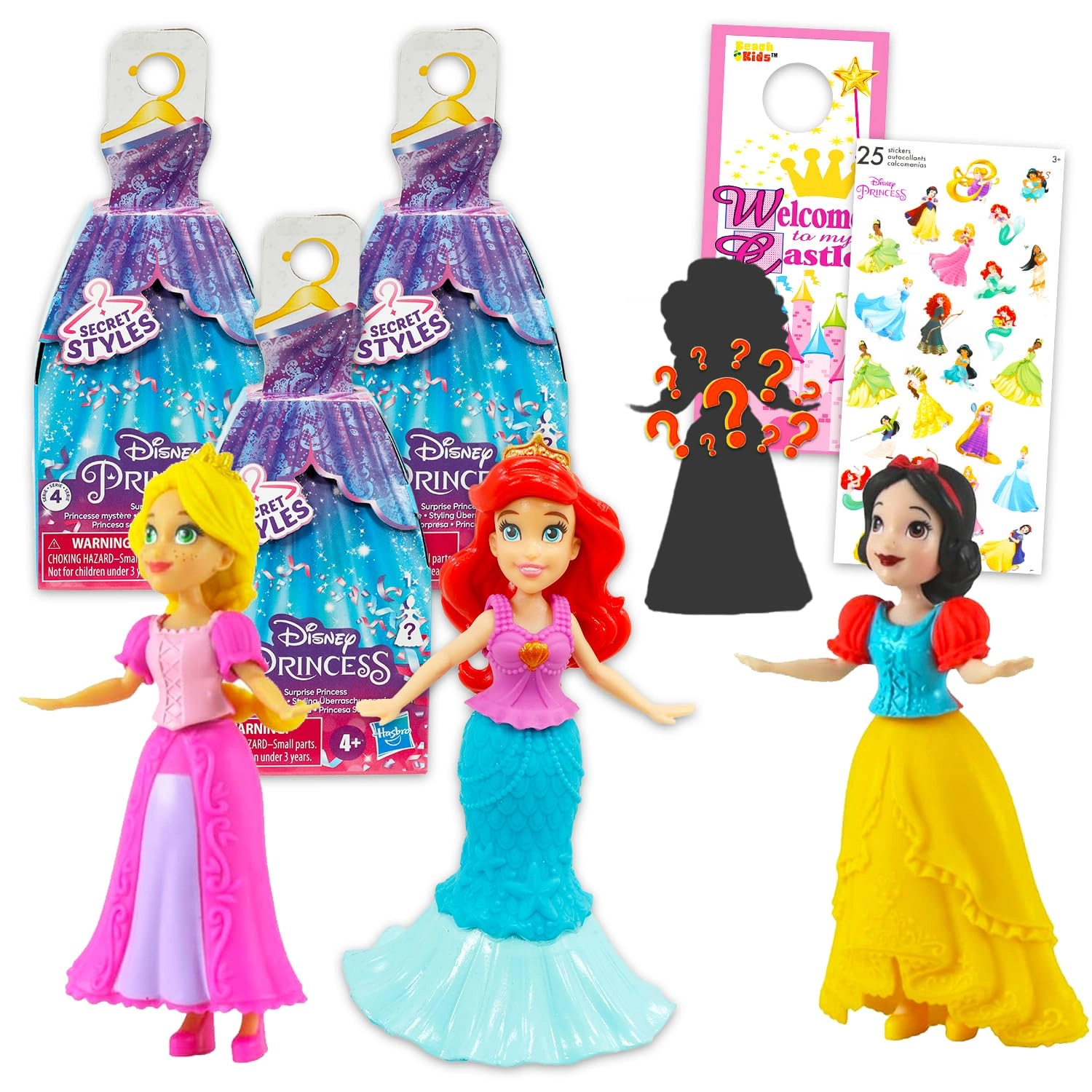 Disney Princess Secret Styles Dolls - 3 Mystery Doll Blind Capsules Stickers Bundle