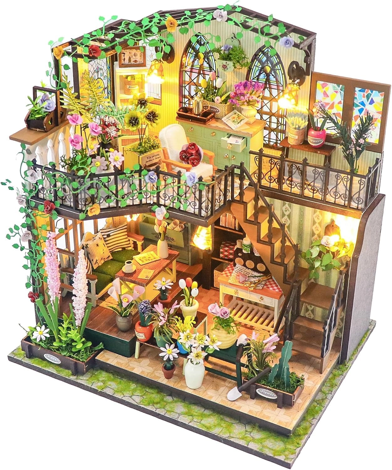 SYOSI Darcy Flower House - DIY Miniature House Kit LED Lights Wooden Furniture