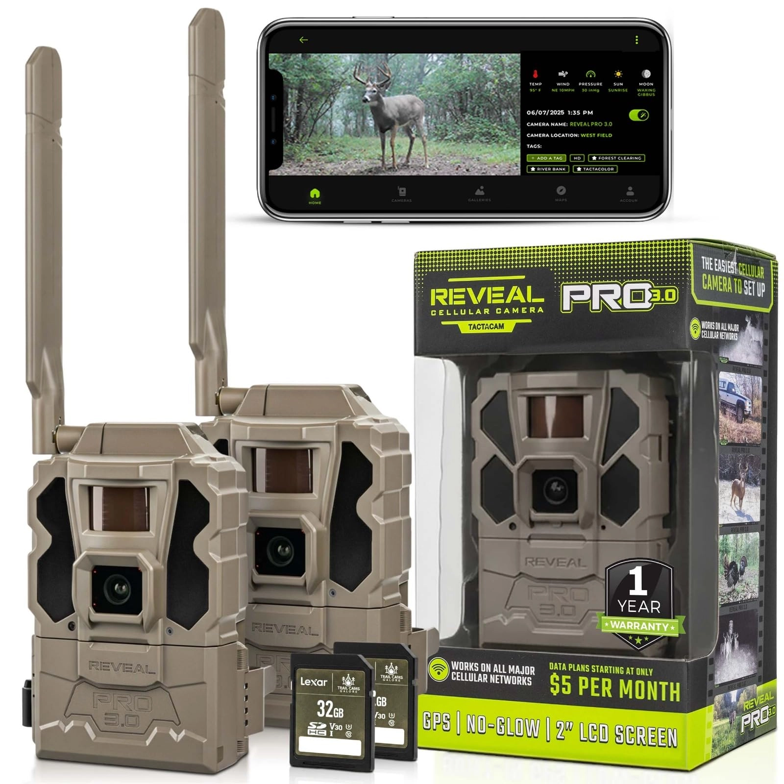 Tactacam Reveal Pro 3.0 - Cellular 1080p + 32GB SD Card + Lipo Lithium Battery Pack