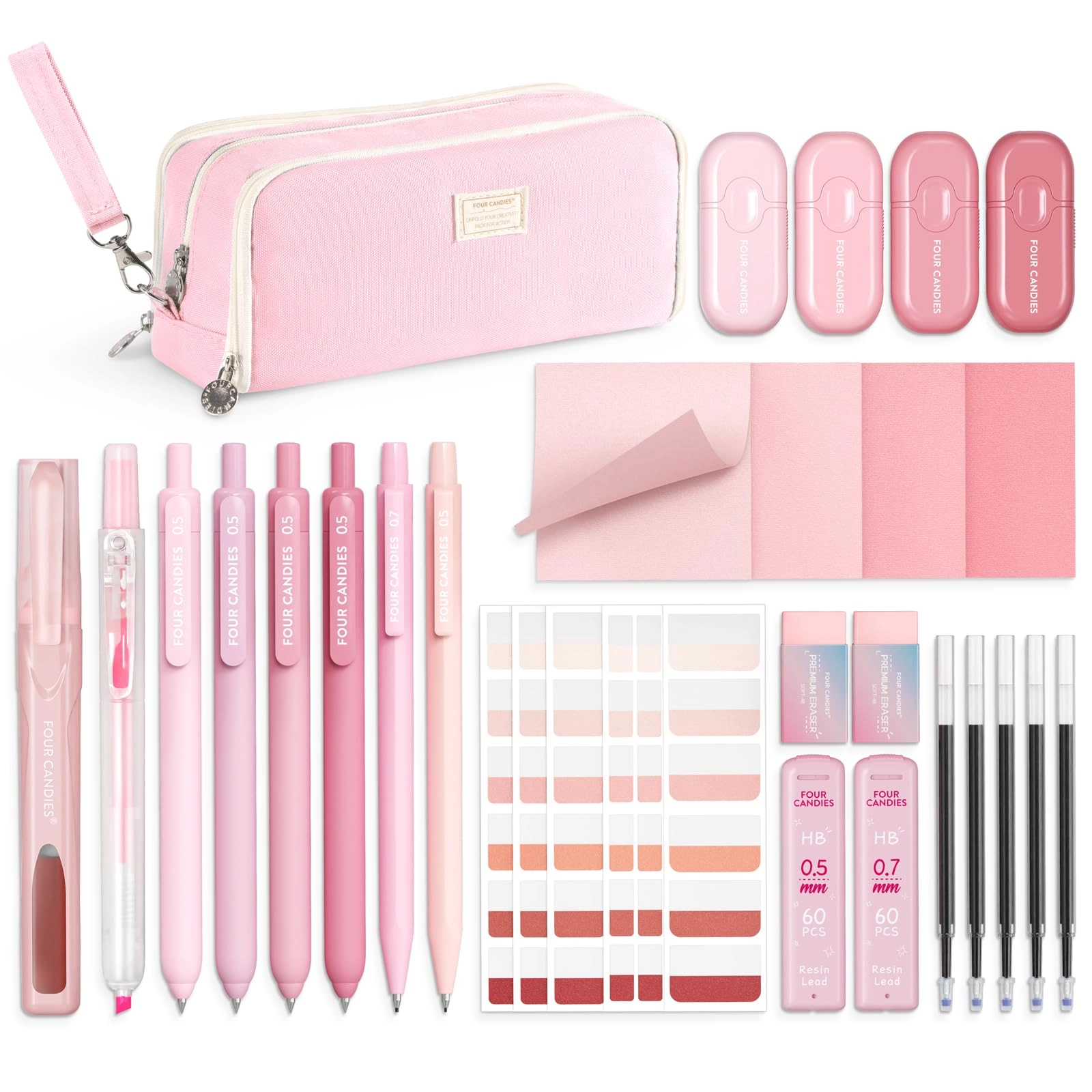 four candies Gel Pens + Correction Tape + Pastel Highlighters + Mechanical Pencils + Sticky Notes + Index Post + Case - 25.0 Count 0.7mm, 0.9mm, 1mm