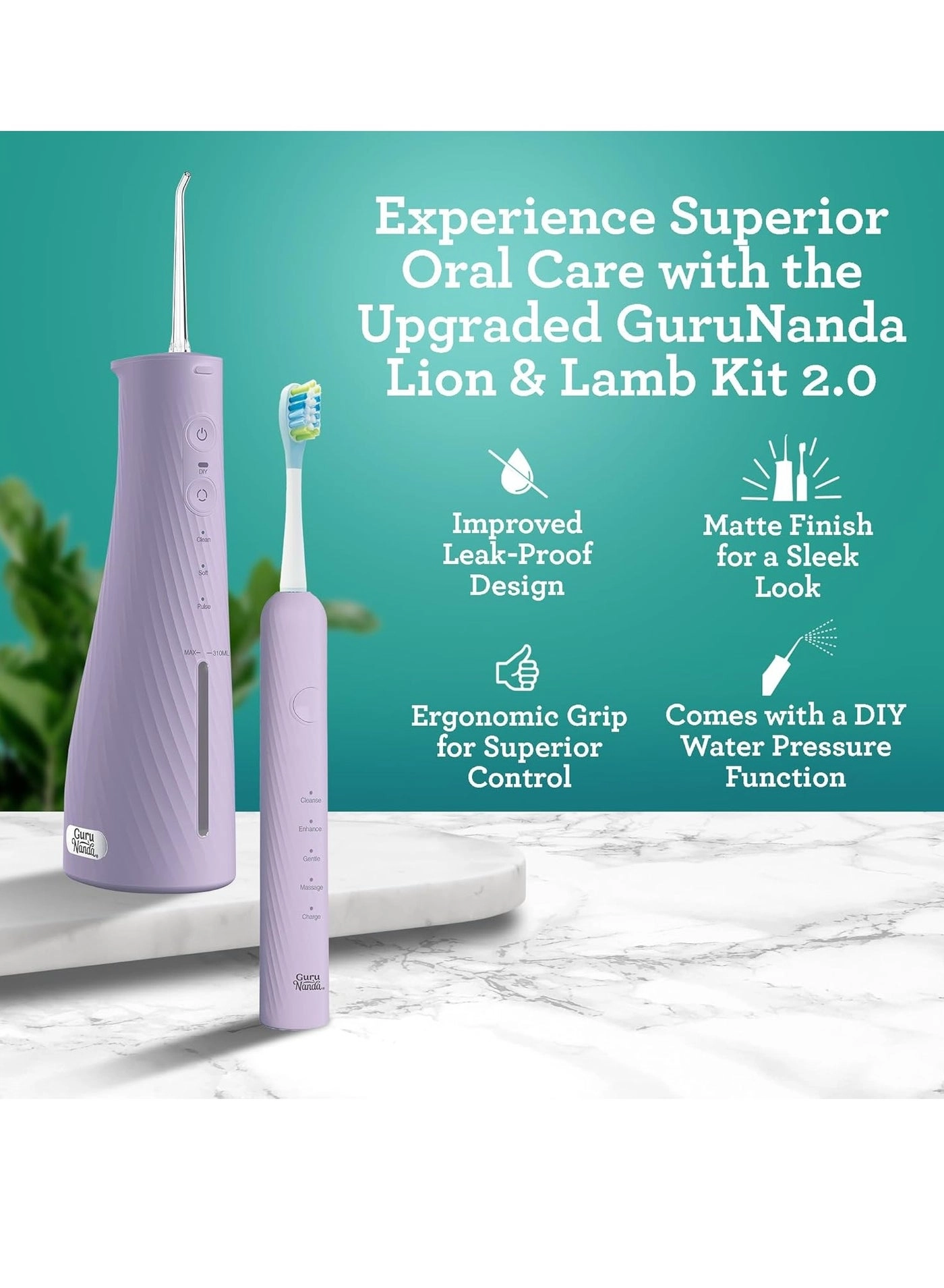 Lion & Lamb Kit 2.0 - 4 Brush Heads Lavender + Water Flosser - 4 Jet Tips IPX7 Waterproof