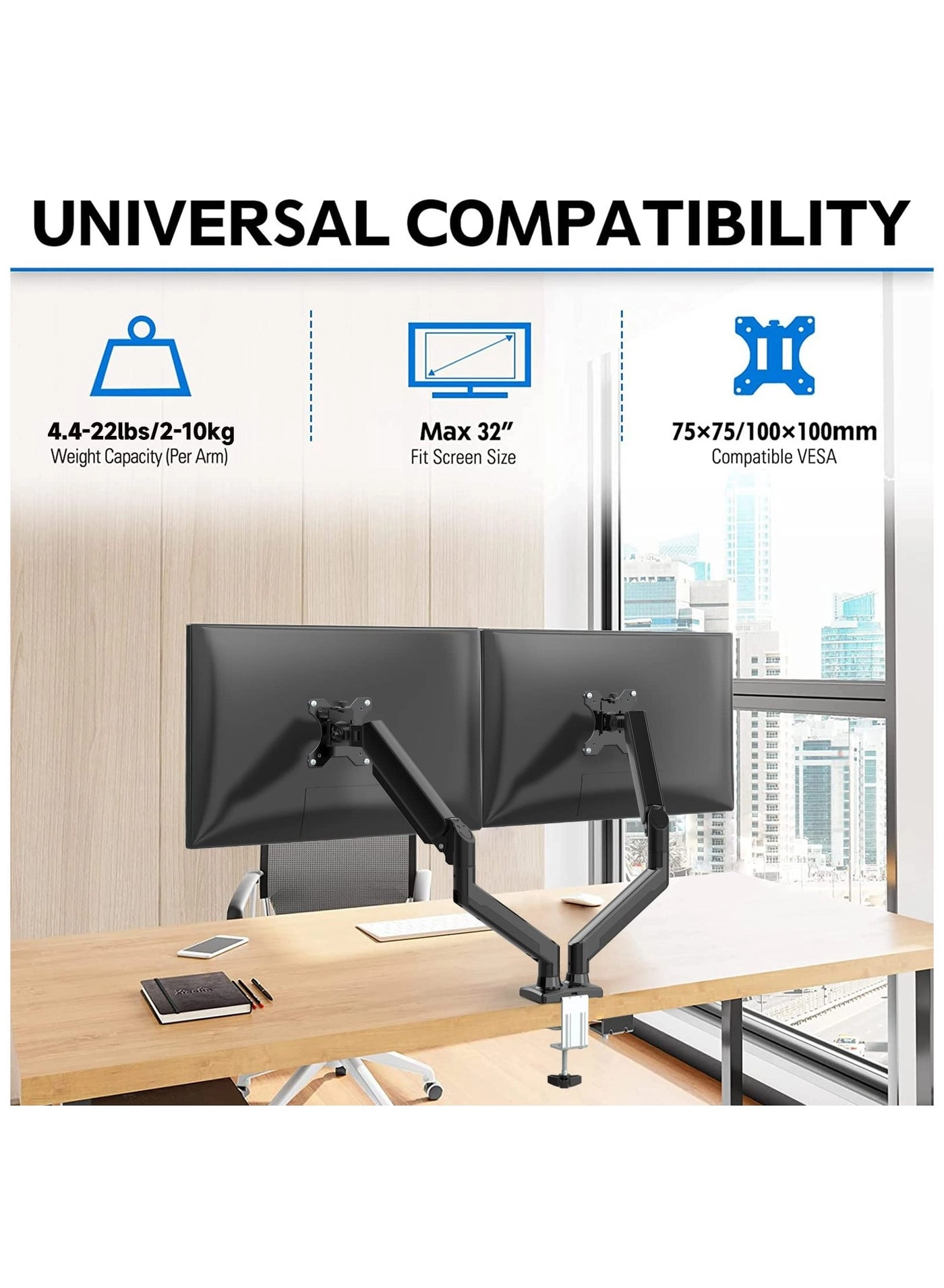 Dual Monitor Mount Stand - dual 13 to 32 Inch 75x75mm 100x100mm