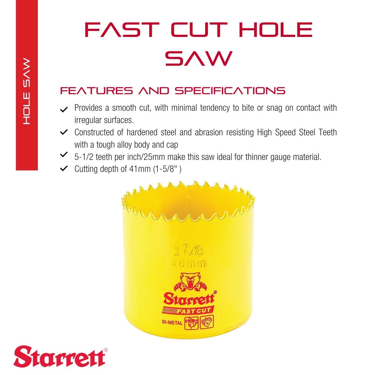 BiMetal Fast Cut Straight Pitch Hole Saw - 48mm metal steel wood