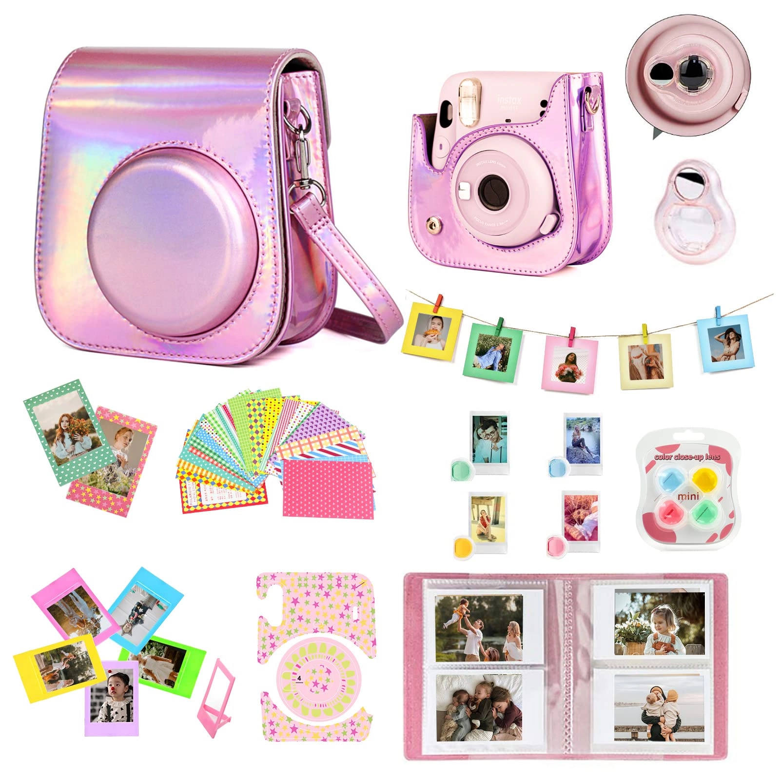Case - Magic Pink + Adjustable strap + Photo album + Four-color filter + Frame sticker + Camera sticker + Selfie mirror