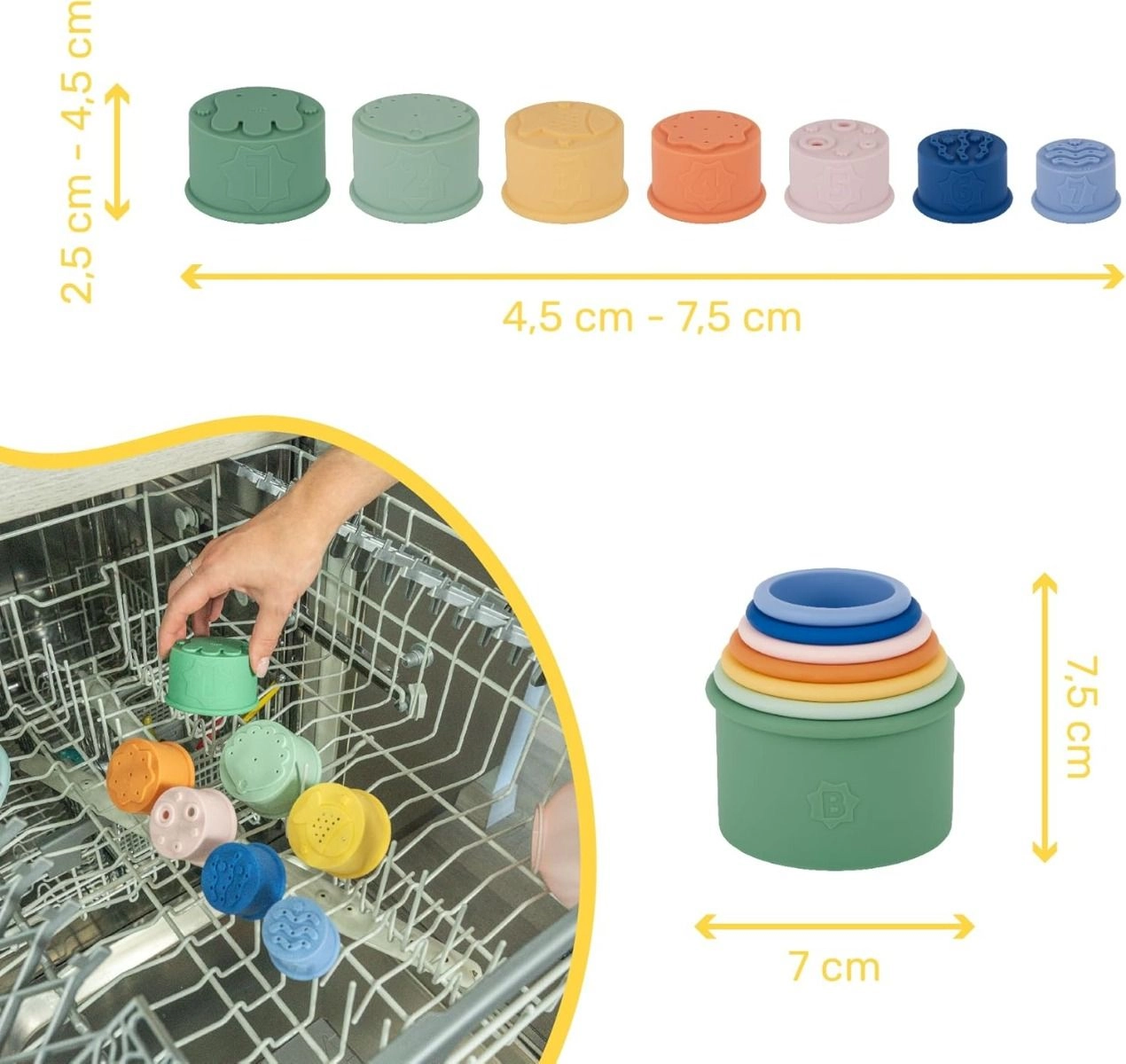 7 Stackable Silicone Bath Cups - Multi Colour 0 +