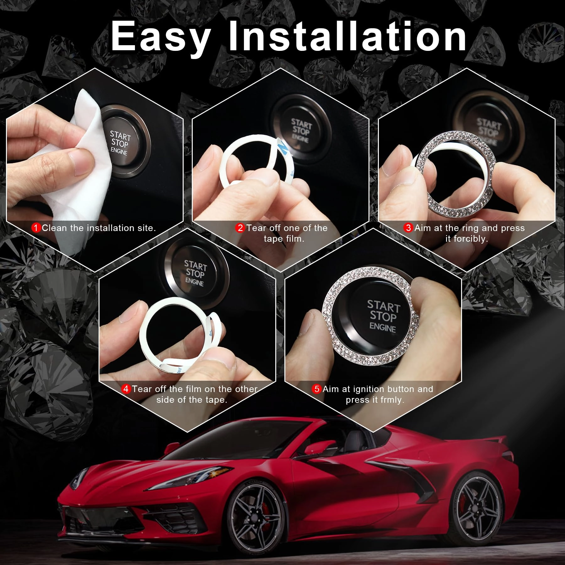Crystal Combinatorial Rhinestone Car Engine Start Decoration Ring