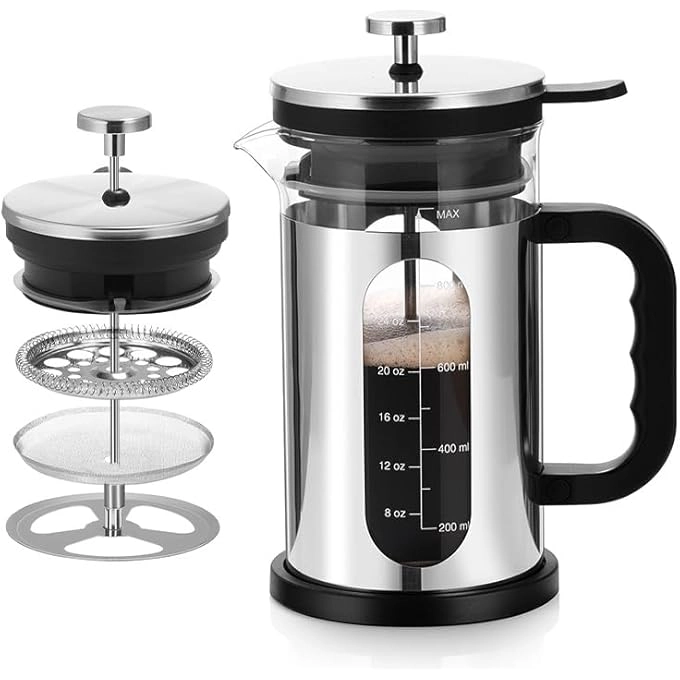 BIGTHREE French Press - Borosilicate Glass Reusable Filters