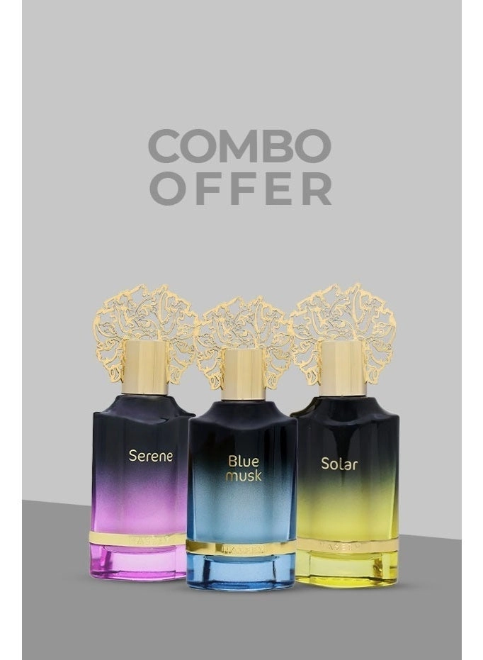 Blue Musk Eau de Parfum 55ml + Serene Eau de Parfum 55ml + Solar Eau de Parfum 55ml