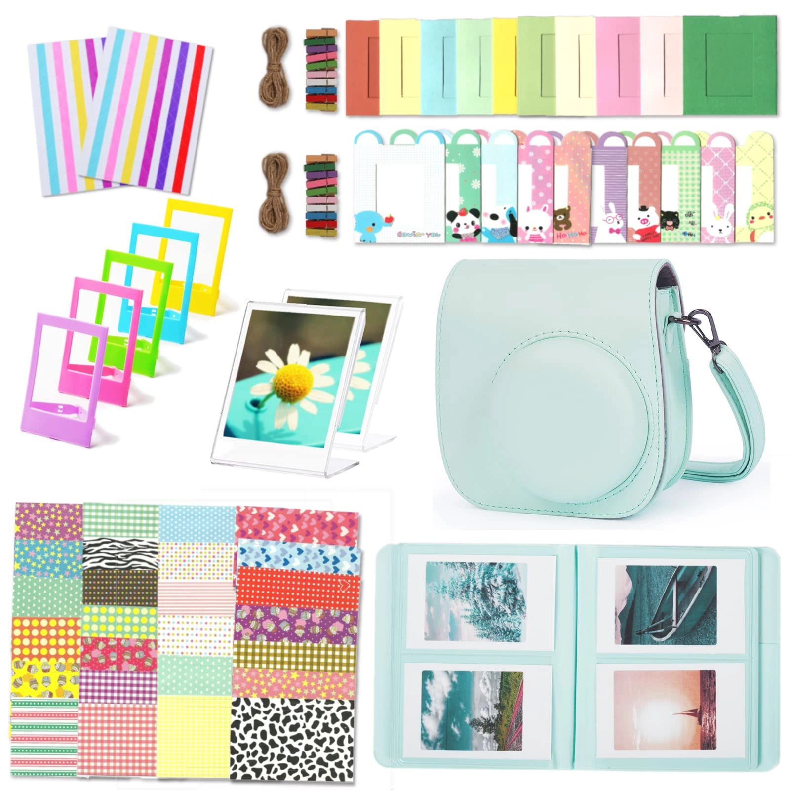 Leebotree Mini 12 Camera Case - Mint Green + Mini Photo Album - 64 Pockets + Acrylic Photo Frame - 5 Colors + Wall Hang Frames + Film Frames + Border Stickers + Corner Stickers