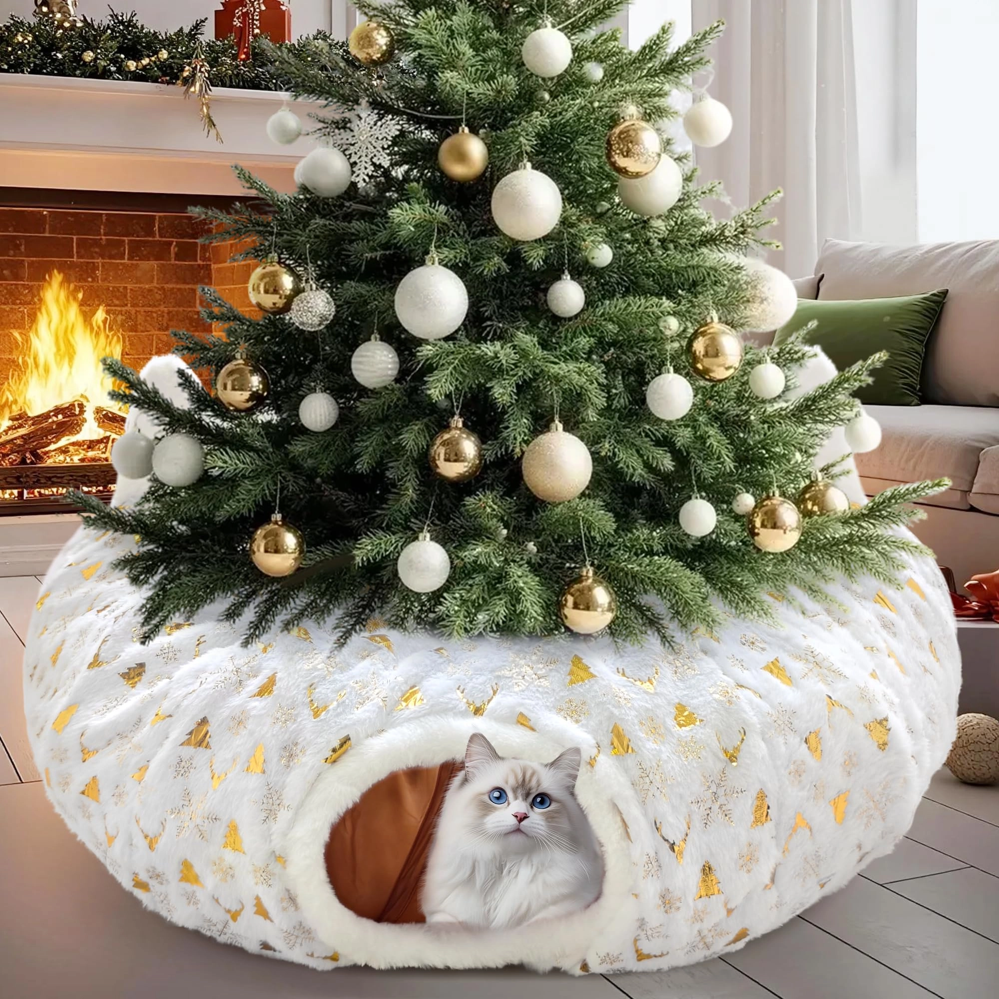 CORALMEE Cat Tunnel Christmas Tree Skirt - 85L x 60W x 38H centimeters Polyester