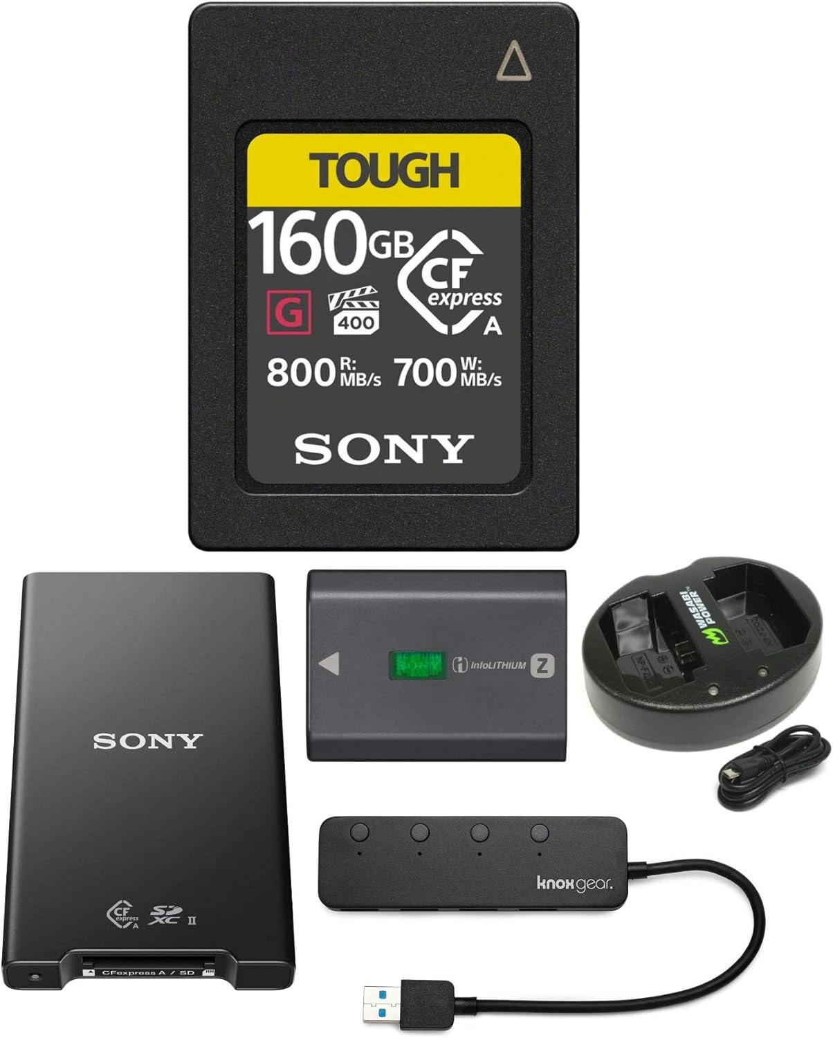 Sony CFexpress Type A - 160GB + MRWG2 + NP-FZ100 + Power Battery Charger + 4-Port USB Hub