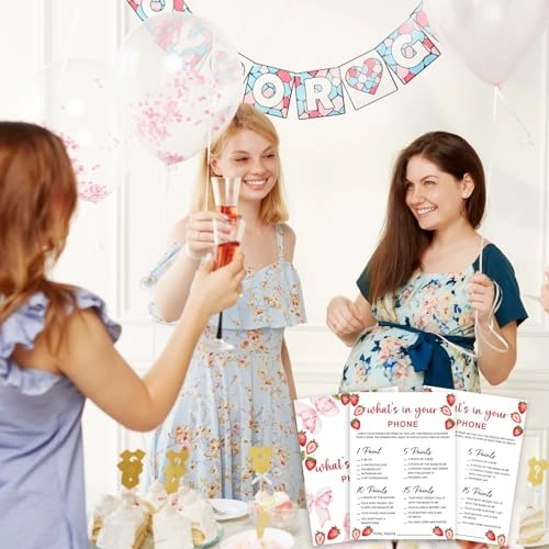 Strawberry Bow Baby Shower Game Cards - 30 cards baby shower