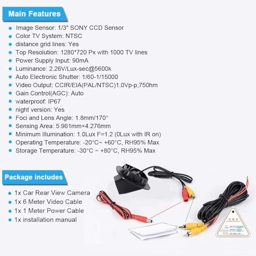 Rear View Camera - Night vision 1280 x 720 pixels