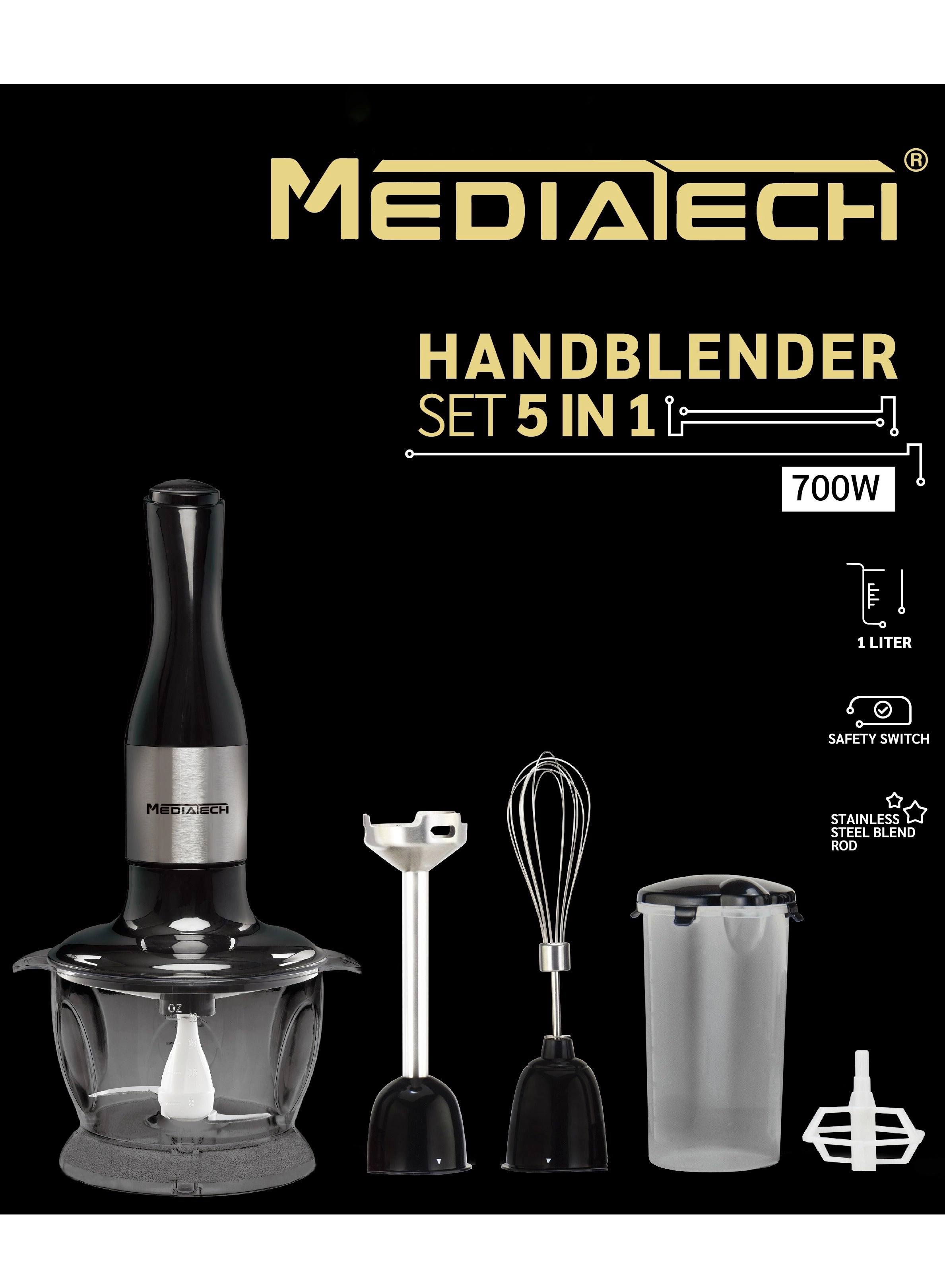 Media-Tech MT-HB14 - 5-in-1 Hand Blender Whisk & Batter Mixer Attachments